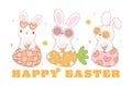 Group of Cute Happy Groovy Easter bunny with disco retro eggs. Playful cartoon banner doodle animal character hand drawing