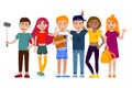 Group of cute happy teenagers having fun, standing together with gadgets, backpacks and books. School students. Set of