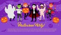 Group of cute kids dressed up in festive halloween costumes and dancing on halloween party poster Royalty Free Stock Photo