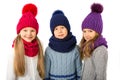 Group of cute kids in winter warm hats and scarfs on white. Children winter clothes Royalty Free Stock Photo