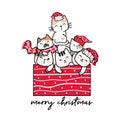 Group of cute kitten cat in red present gift box, merry christmas, cartoon outline vector clipart, greeting card, print, wall art
