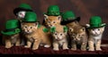 Group of cute kittens in green leprechaun hats on green background.