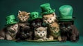 Group of cute kittens in green leprechaun hats on green background.