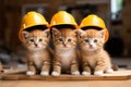 Group of cute kittens in hard hat on wooden background. Selective focus, A group of small kittens wearing construction hats, AI