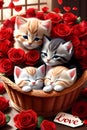 A group of cute kittens sleep together in a cozy basket, surrounded by the red rose flower, love signs, cartoon, anime art