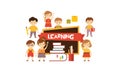 Group of cute little kids, blackboard and stack of books, learning concept vector Illustration