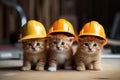 Group of cute little kittens with orange hardhat on the floor. A group of small kittens wearing construction hats, AI Generated Royalty Free Stock Photo