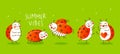 Group of cute little ladybugs on green background - cartoon border for funny design