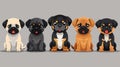 group of cute little puppies of different breeds on a gray background. flat illustration. Puppy Day
