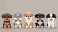 group of cute little puppies of different breeds on a gray background. flat illustration. Puppy Day