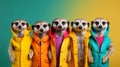 Group of cute meerkats in raincoats on a colorful background Generative AI