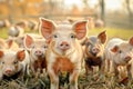 A group of piglets standing on the farm on a sunny day and looking at the camera.