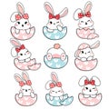 Group of cute playful white baby bunny rabbit with bow head in broken Easter egg shell collection, playful animal cartoon hand