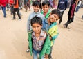 Group of cute schoolboys on street of indian city Royalty Free Stock Photo