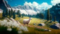 Group of cute sheep on a pasture. Panoramic view of beautiful landscape in the Alps with fresh green meadows and Royalty Free Stock Photo