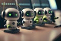 Group of cute small robots on a desk in the office. Generative AI