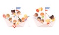 Group of Cute Smiling Kid Sailing on Paper Boat with Flag and Balloons Vector Set Royalty Free Stock Photo