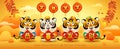 Group of cute tigers with chinese greeting sign on oriental festive theme background. title May you have a prosperous new year