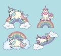 Group of cute unicorns with rainbows and clouds characters