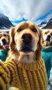 a group of golden retriever dogs wearing 