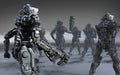 A group cyborgs mission with clipping path. Invasion of military robots warfare.