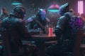 Group of cyborgs sitting at the table at night club.