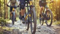 Group of cyclists enjoying a ride together on a scenic dirt path in a tranquil rural environment