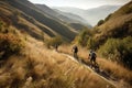 group of cyclists and mountain bikers riding on scenic trail through the mountains Royalty Free Stock Photo