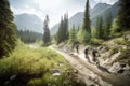 group of cyclists and mountain bikers riding on scenic trail through the mountains Royalty Free Stock Photo