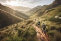 group of cyclists and mountain bikers riding on scenic trail through the mountains Royalty Free Stock Photo