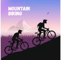 The Group of cyclists in rough road. Bicycle racing go to the mountain. Vector flat design. bicyclist silhouette. Royalty Free Stock Photo