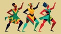 A group of dancers wearing bold geometric print outfits and performing a highenergy West African dance.. Vector