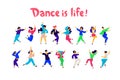 A group of dancing people in different poses and emotions. Vector. Illustrations of men and women. Flat style. A group of happy Royalty Free Stock Photo