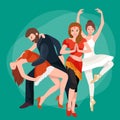 Group of dancing people, yong happy man and woman dance together and in a couple Royalty Free Stock Photo