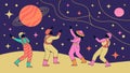 Group dancing under a cosmic sky with planets, celebrating celestial joy and unity, vector design Generative AI Royalty Free Stock Photo