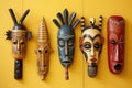 a group of decorative african masks set against a bright wall Royalty Free Stock Photo