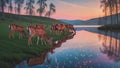 Herd of Deer Drinking at Sunset by the Lake Royalty Free Stock Photo