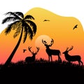 Group deer on meadow flying bird coconut tree at dusk silhouette with flat style Royalty Free Stock Photo