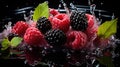 Group of Delicious Fresh Blackberries With Splashing Water on Dark Defocused Background Royalty Free Stock Photo