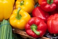 Group of delicious and fresh Capsicums  red, yellow and orange pepper vegetables on a fruit market Royalty Free Stock Photo
