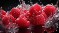 Group of Delicious Fresh Raspberries With Splashing Water on Dark Defocused Background Royalty Free Stock Photo