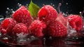 Group of Delicious Fresh Raspberries With Splashing Water on Dark Defocused Background Royalty Free Stock Photo