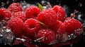 Group of Delicious Fresh Raspberries With Splashing Water on Dark Defocused Background Royalty Free Stock Photo