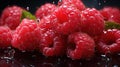 Group of Delicious Fresh Raspberries With Splashing Water on Dark Defocused Background Royalty Free Stock Photo