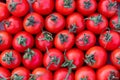 Group of delicious red tomatoes, summer tray market farm full of organic vegetables, top view pattern, selective focus, Royalty Free Stock Photo