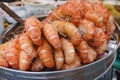 Group of delicious streaming jumbo shrimps prawn in Thai street Royalty Free Stock Photo