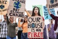 Group of demonstrators on road, young people from different culture and race fight for climate change - Focus on center girl face