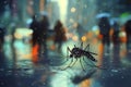 A photo of a dengue mosquitoe sitting on the road in the city, buildings, people and lights, generative ai Royalty Free Stock Photo