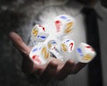 Group of dices emitted from businessman hand