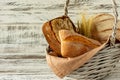 Group of different bread\'s type on wooden table Royalty Free Stock Photo